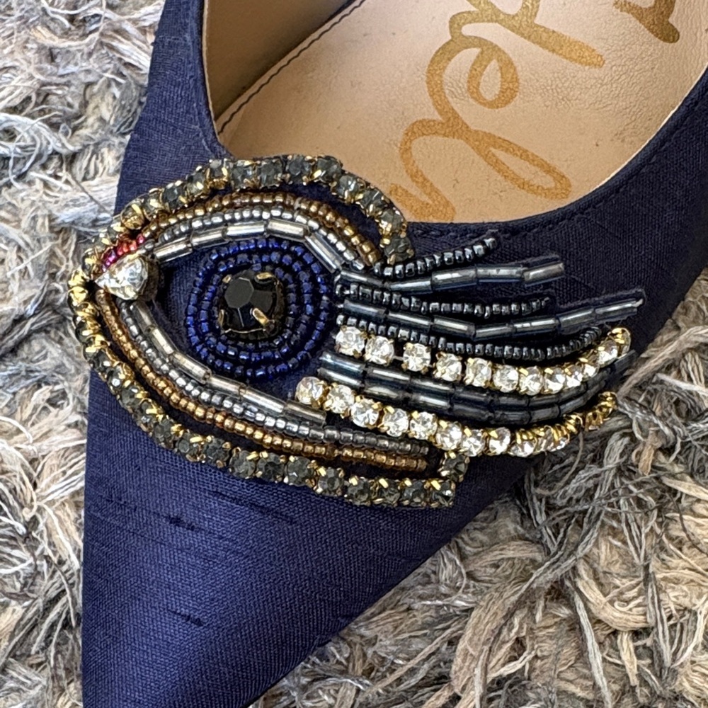 Sam Edelman Navy Beaded Pointed Toe Ankle Strap Heels Size 6 Limited Edition - Picture 12 of 16